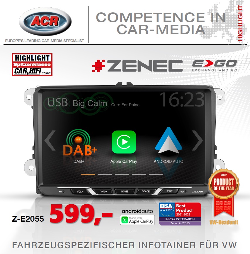 ZENEC Z-E2055 E>GO Infotainer Autoradio mit 9" Panel TFT für Volkswagen, VW, SEAT UND SKODA mit Apple CarPlay und Google Android, DAB+ Tuner, Bluetooth 