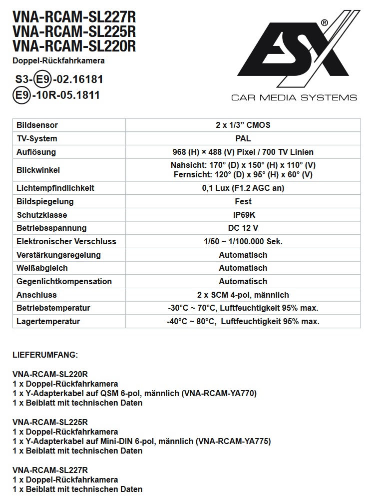 ESX VNA-RCAM-SL227R Doppel-Rückfahrkamera für Sunlight, Carado, Etrusco Reisemobile