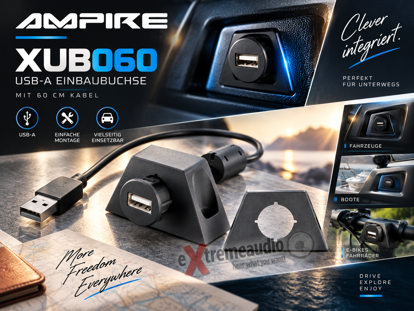 Ampire XUB060 / W95444 USB-A Einbaubuchse mit 60 cm Kabel
