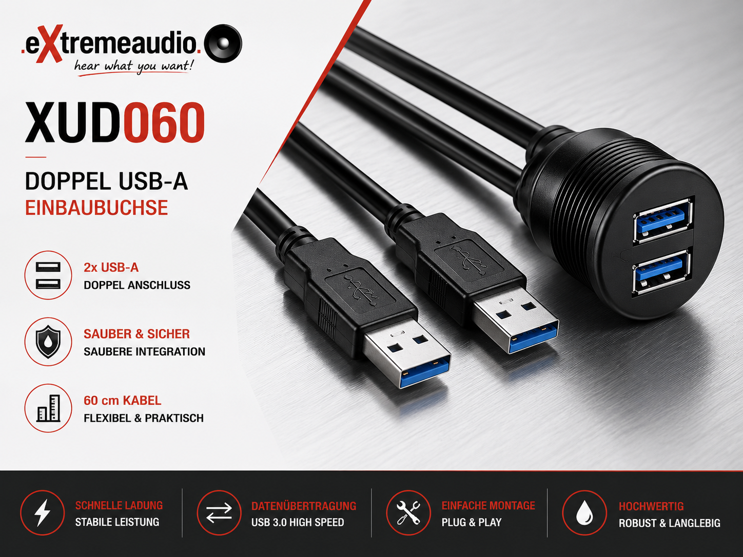 AMPIRE XUD060 Doppel-USB-A Einbaubuchse mit 60cm Kabel   