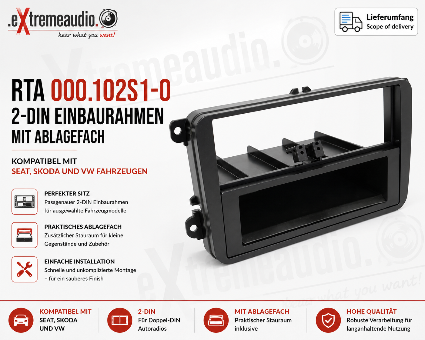 RTA 000.102S1-0 Double cadre de montage DIN avec compartiment de rangement , Skoda Seat noir mat avec VW antirattle