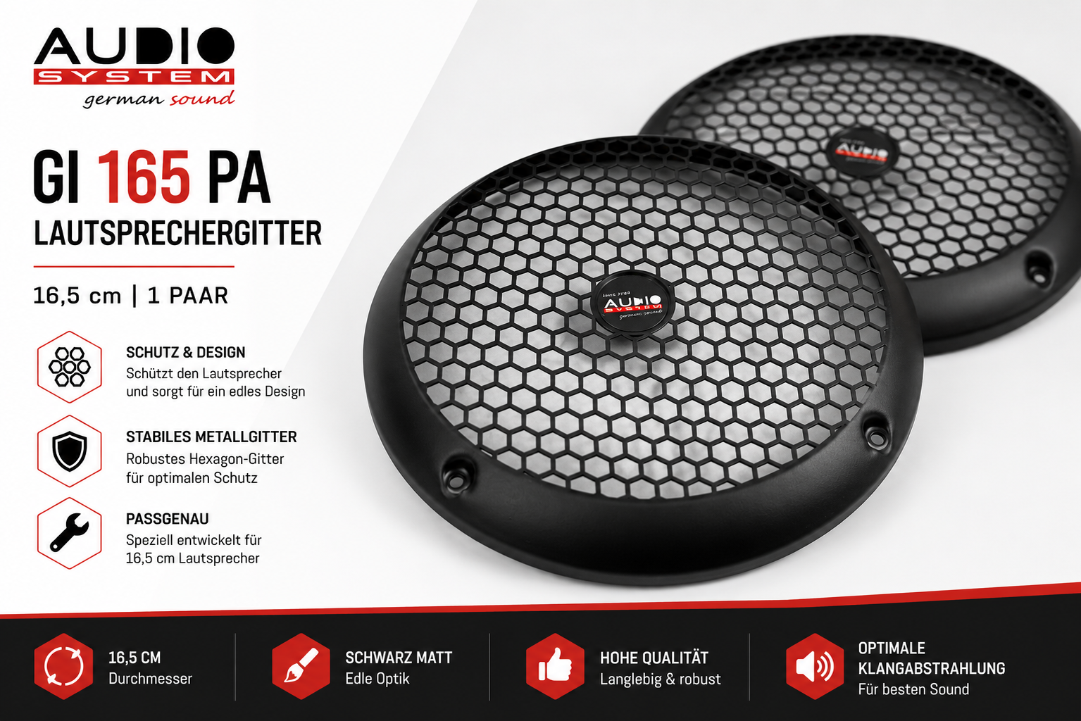 AUDIO SYSTEM GI 165 PA Lautsprechergitter schwarz matt 16,5cm 1 Paar