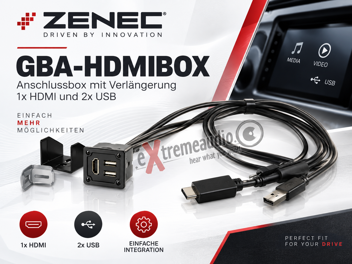 Zenec GBA-HDMIBOX Anschlussbox mit Verlängerung 1 x HDMI und 2 x USB