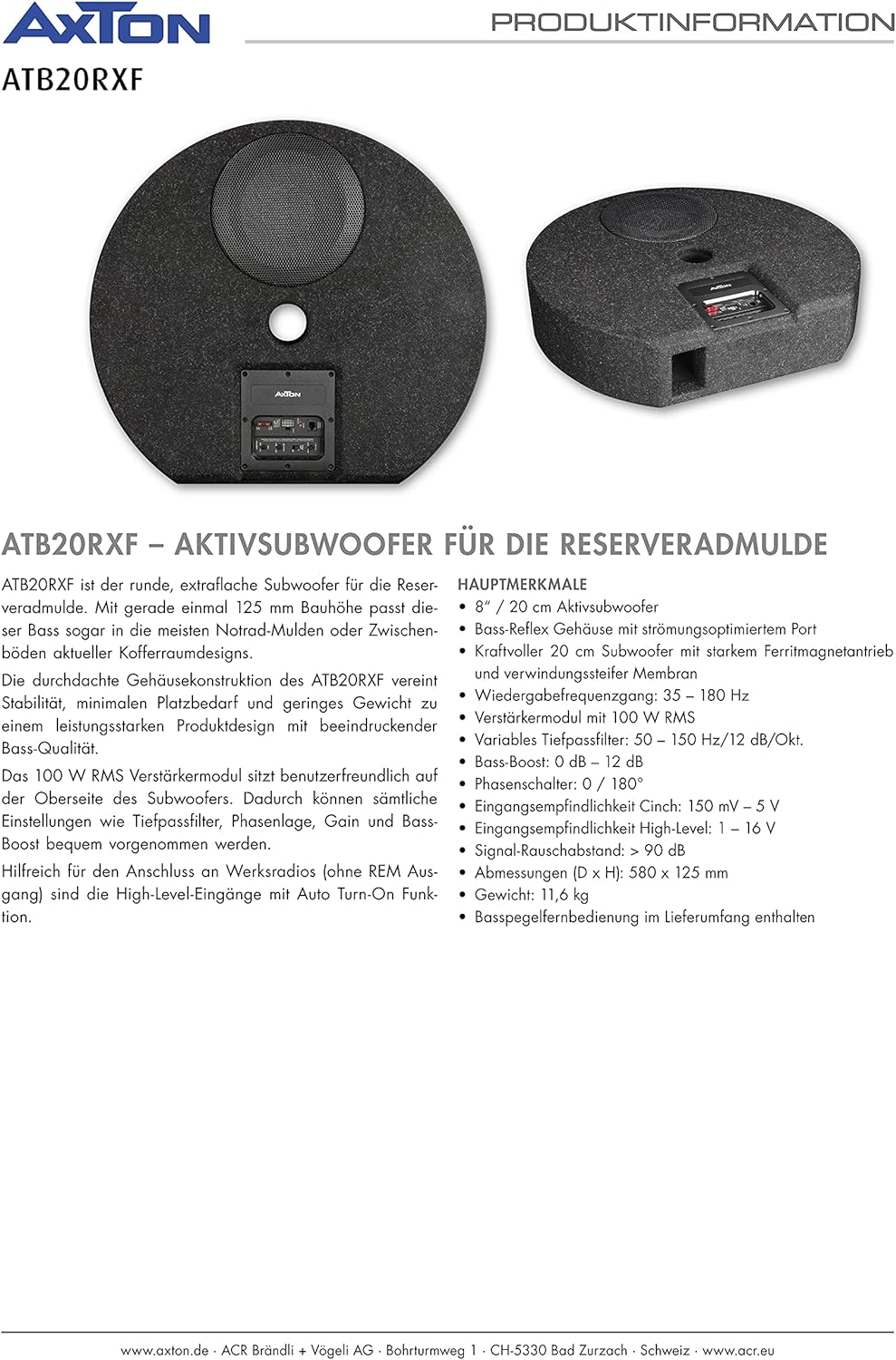 AXTON ATB20RXF Extraflacher 20 cm / 8" Aktivsubwoofer für die Reserveradmulde 100 W RMS