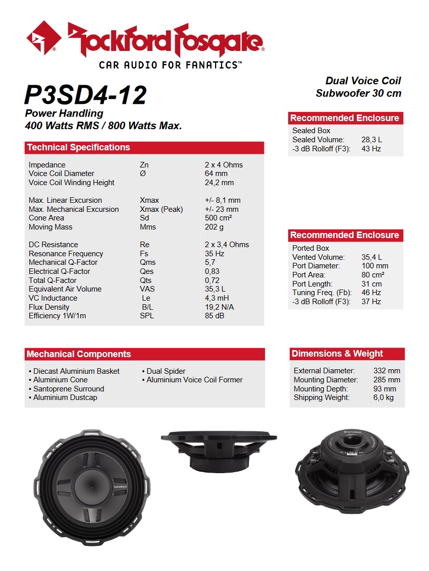 Rockford Fosgate P3SD4-12 Subwoofer flach Slim Punch P3S Series 30 cm (12") 400 Watt RMS 