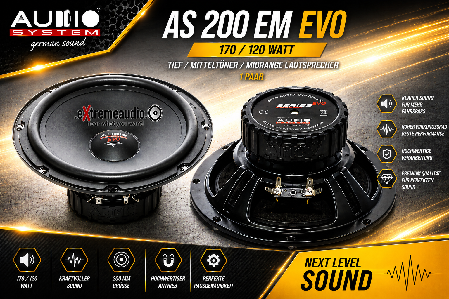 Audio System AS 200 EM EVO3 Mitteltöner 20 cm (8") Kickbass Auto Lautsprecher Tieftöner 170 Watt - 1 Paar