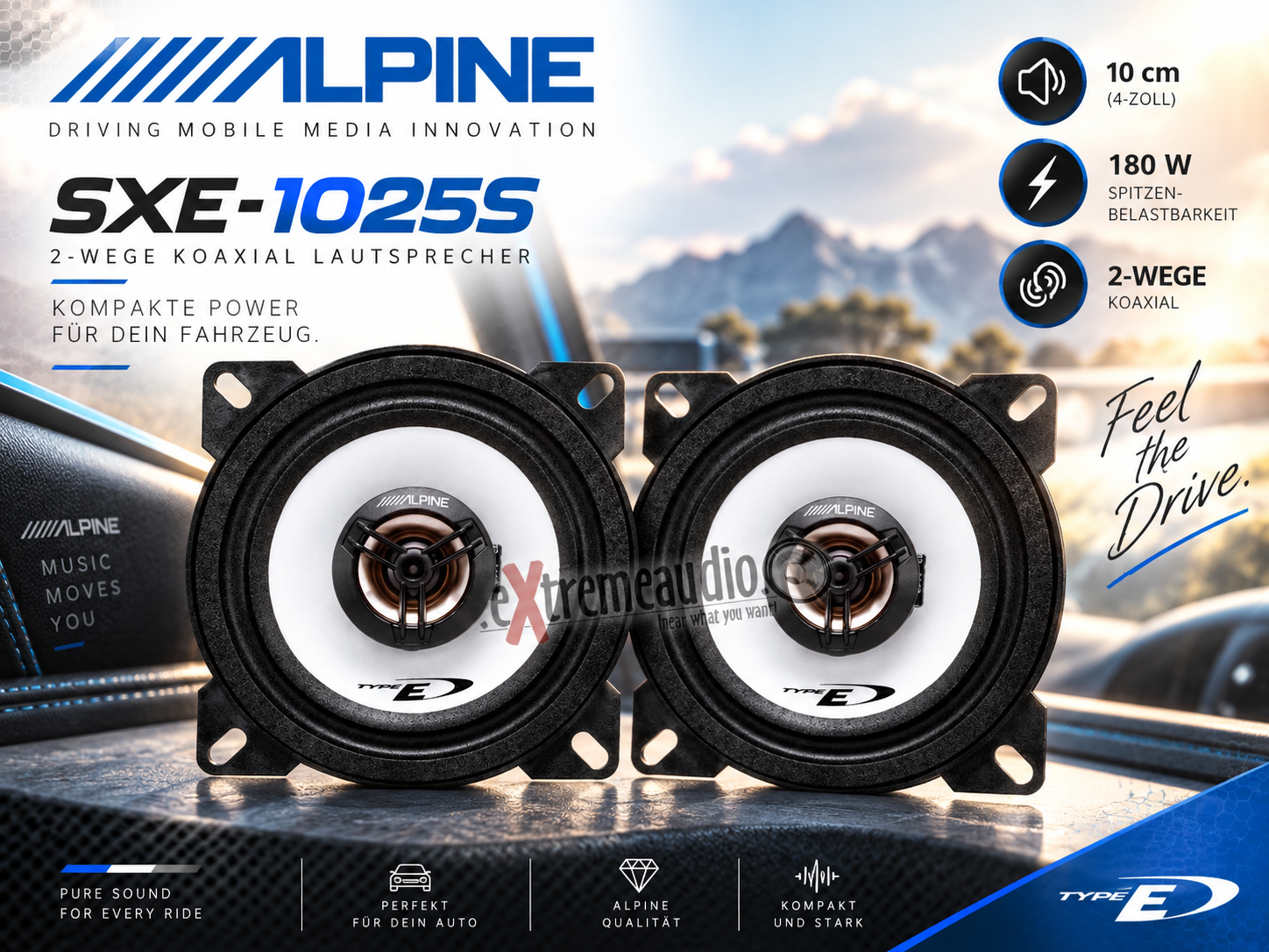 Alpine SXE-1025S 10cm (4-Zoll) 2-Wege Koaxiallautsprecher 1 Paar Koaxialsystem 180 Watt