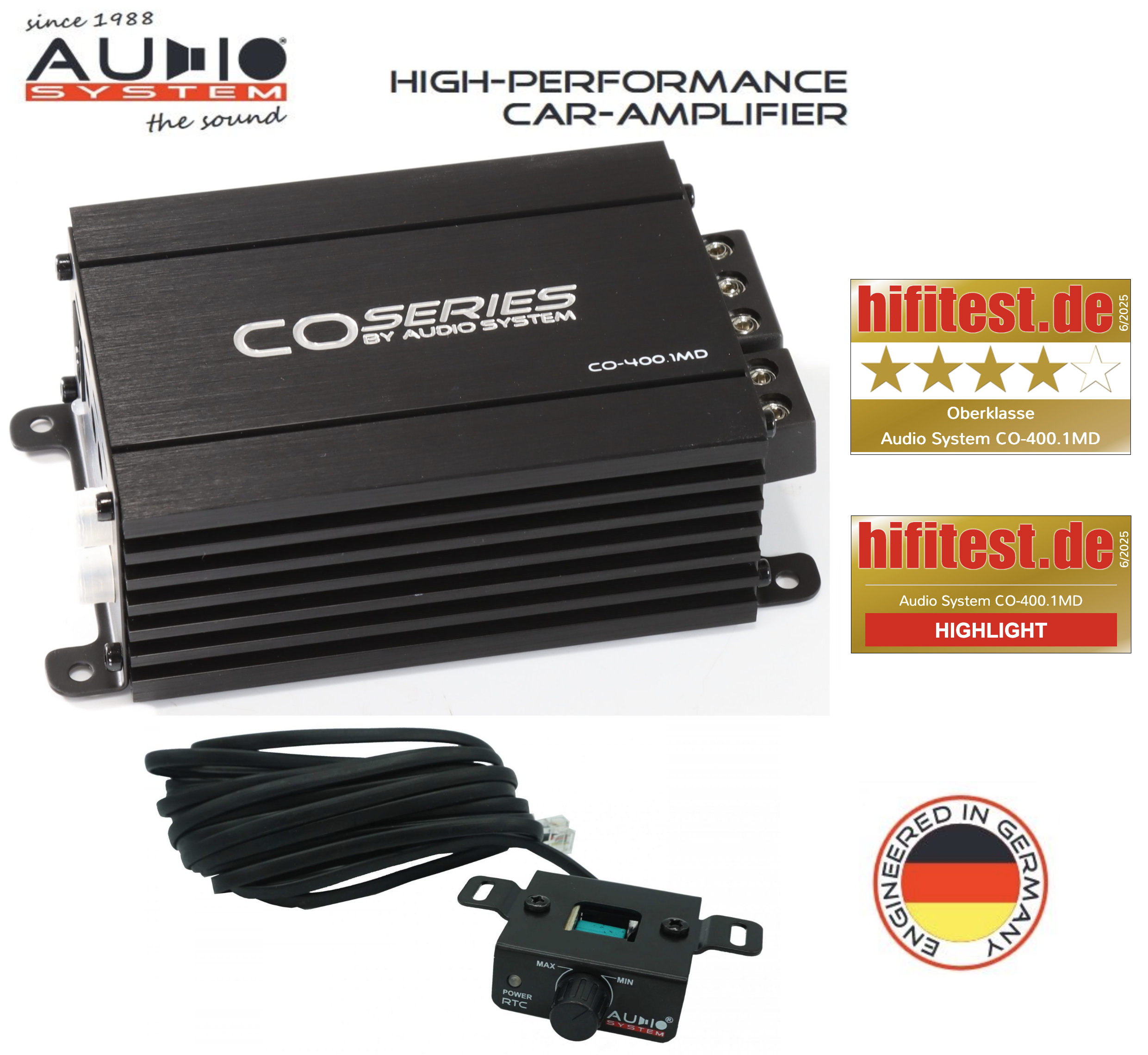 AUDIO SYSTEM CO-400.1 MD 1-Kanal Mono Verstärker Endstufe Amplifier CO-SERIES 400 Watt RMS + RTC Basspegel Fernbedienung  