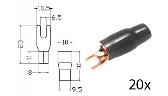 RTA 152.381-2 Bornes de serrage - fourche isolées, plaqué or, 20x BLACK 20mm² diam. 6mm