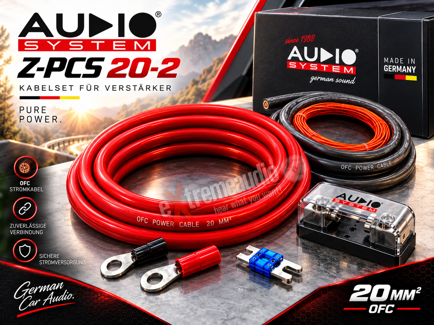 Audio System Z-PCS 20-2 OFC Kupfer 20 mm² Endstufen Kabelset Verstärker Anschluß Set 2 meter