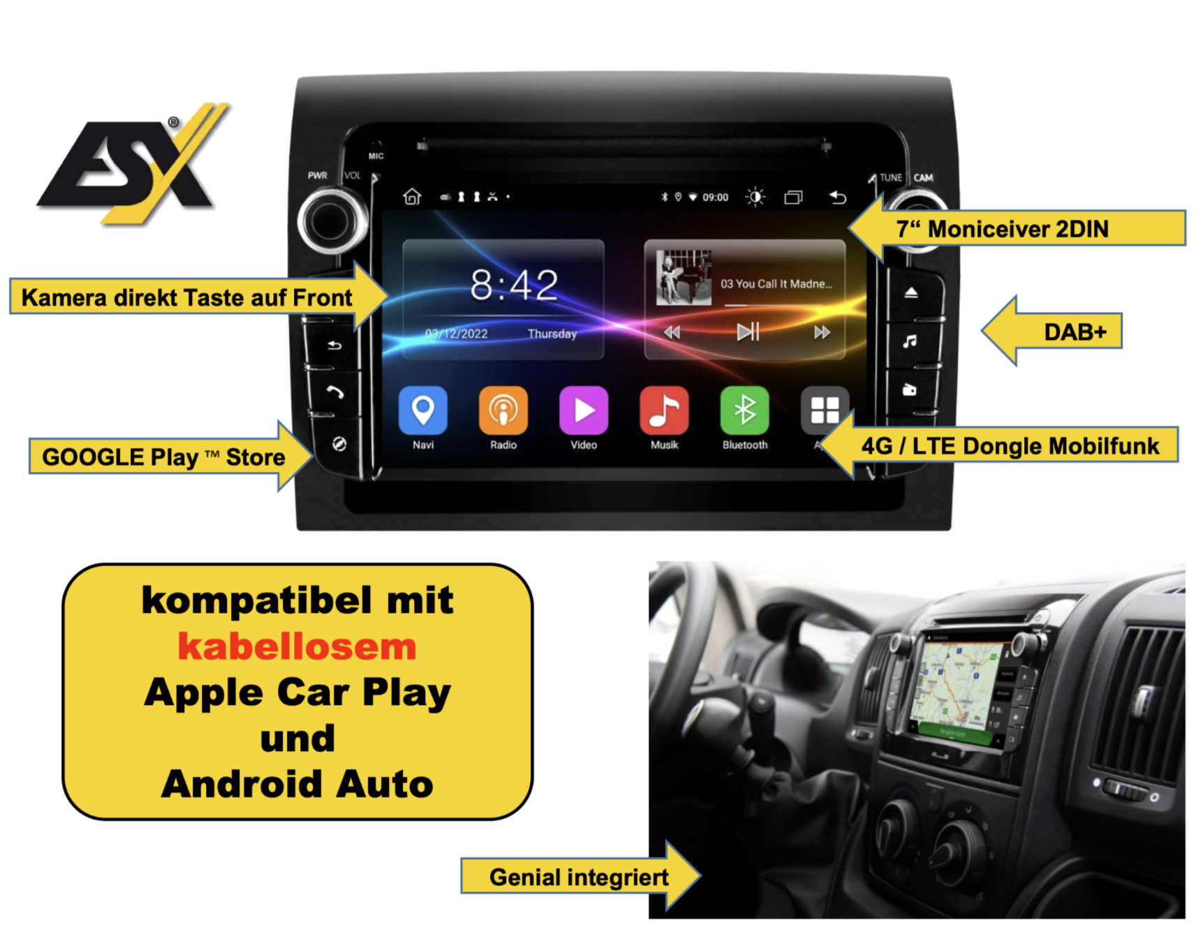 ESX VN740-SD 2-DIN DAB+ Radio Autoradio DAB+ Radio 7“ Moniceiver kompatibel mit Fiat Ducato, Citroën Jumper, Peugeot Boxer, Opel Movano