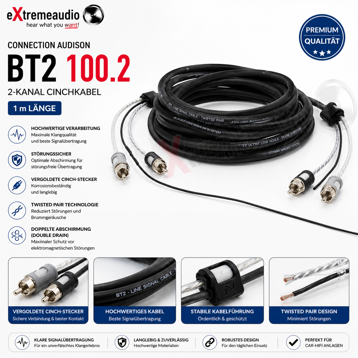 Connection Audison BT2 100.2 2-Kanal Hochwertiges Cinchkabel 1 m, RCA Cinch