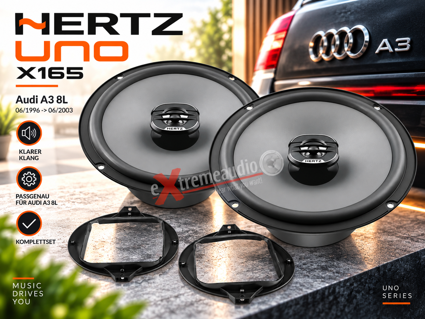 Audi A3 8L Seitenverkleidung Fond - Hertz Uno X165 - 16,5 cm 2-Wege Koax Lautsprecher incl. Lautsprechereinbauset 