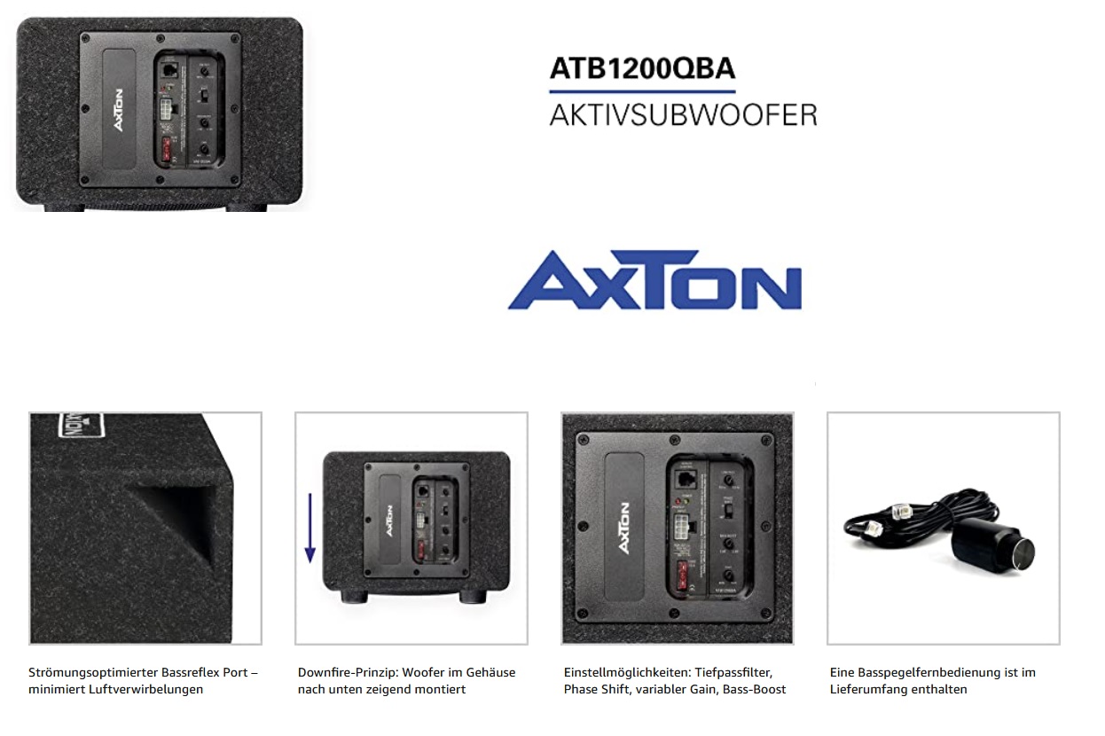 AXTON ATB120QBA CUBE Bassreflex-Aktivsubwoofer aktive Bassreflex Bassbox für Auto, LKW, Reisemobil