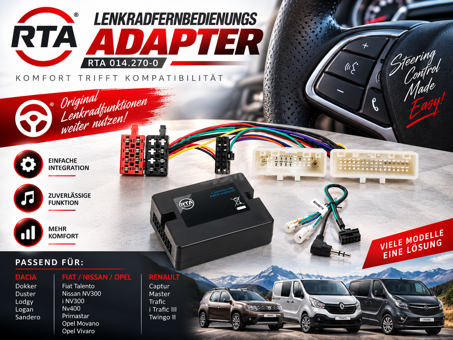 RTA 014.270-0 Lenkradfernbedienungsadapter Dacia Dokker, Duster, Lodgy, Logan, Sandero, Fiat Talento, Nissan NV300, i NV300, Nv400, Primastar, Opel Movano, Vivaro, Renault Captur, Master, Trafic, i Trafic III, Renault Twingo II         