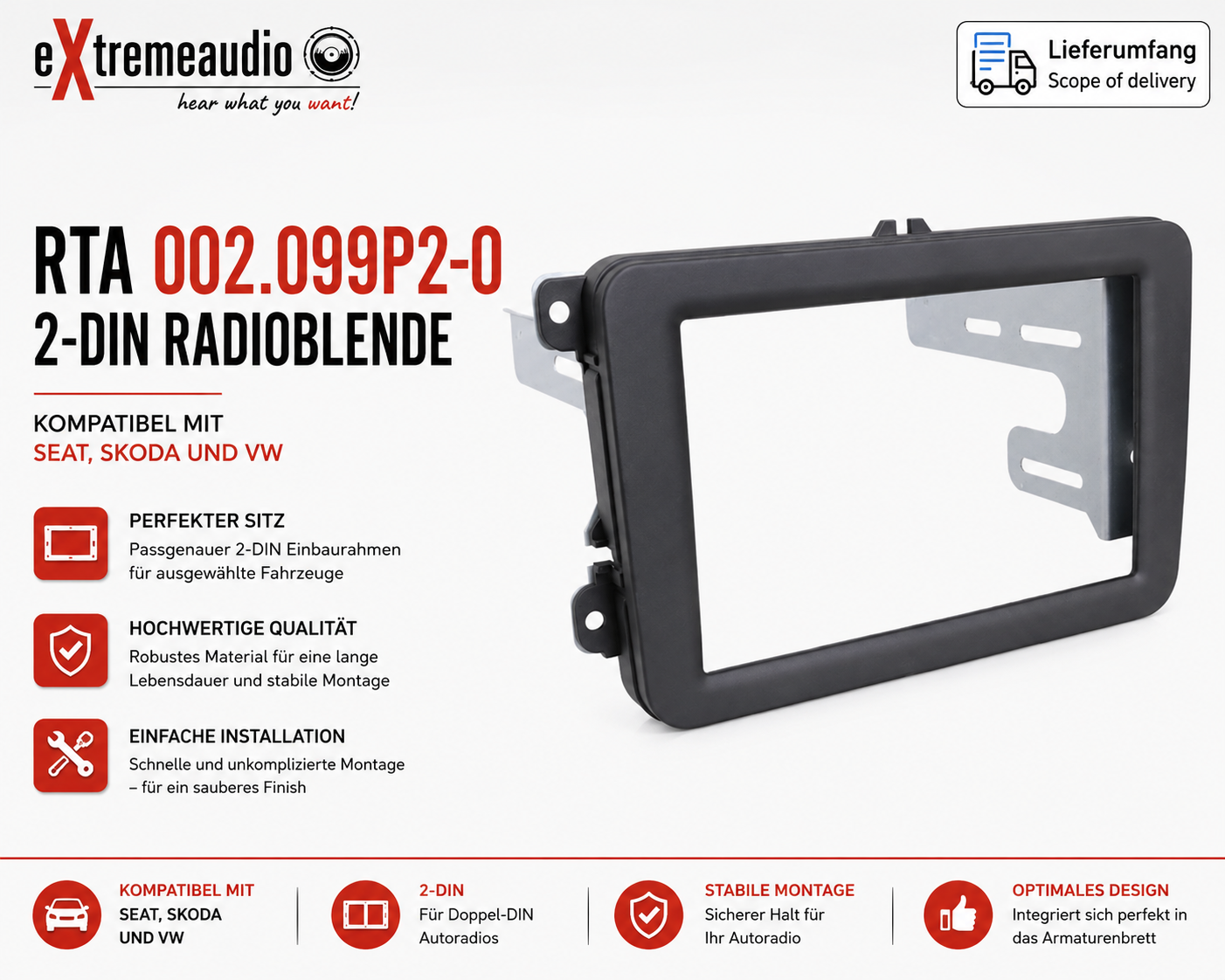 RTA 002.099P2-0 Double DIN lunette principale Skoda Seat VW tactile caoutchouc et serre-tête