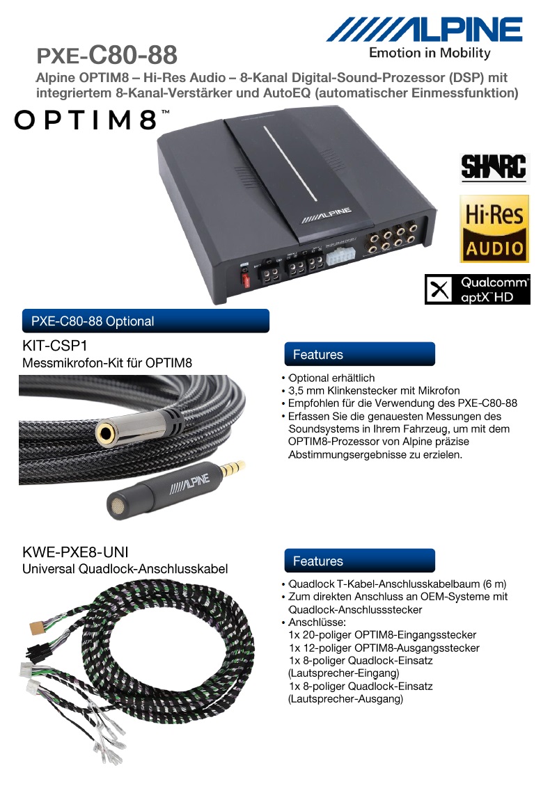 Alpine PXE-C80-88 OPTIM8 Hi-Res 8-Kanal-Soundprozessor Verstärker mit digitalem Signalprozessor DSP, geführtes automatisches Soundtuning kompatibel mit iPhone App oder PC   