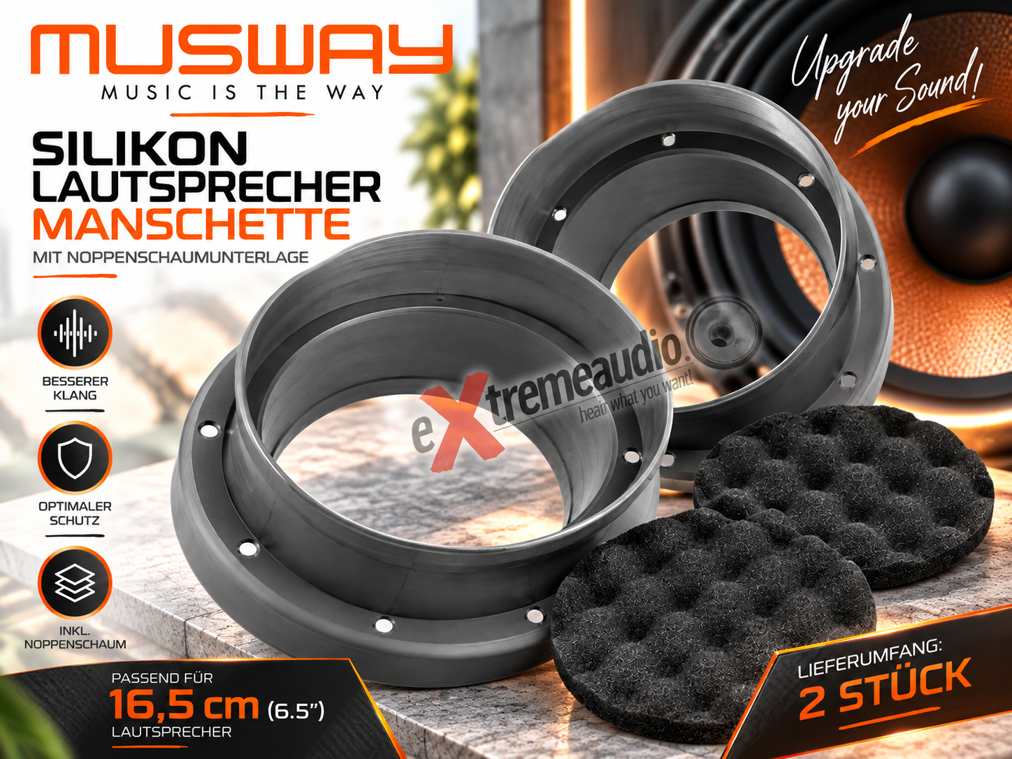 MUSWAY MSB165 Silikon Lautsprechermanschette mit Noppenschaumunterlage Passend für 16,5 cm Lautsprecher, Schallwand Dichtung Schallabsorber 