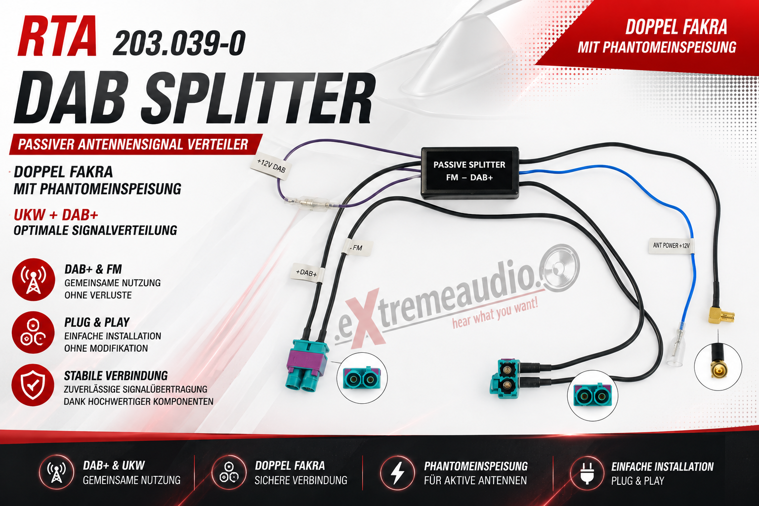RTA 203.039-0 DAB Splitter passiver Antennensignal Verteiler DOPPEL Fakra mit Phantomeinspeisung 2 x Fakra Antennen Adapter UKW DAB+ Antennen Splitter SMB