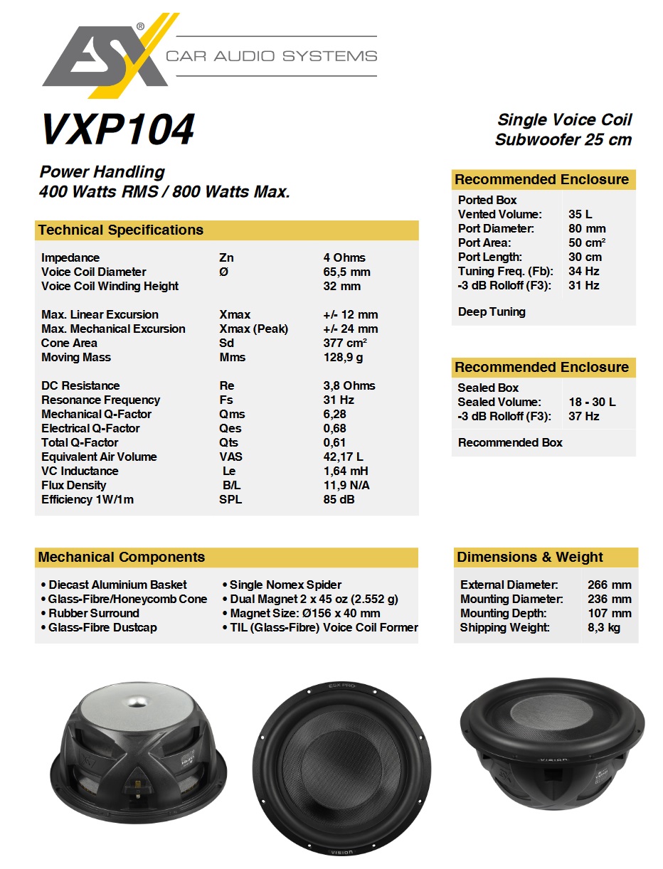 ESX VXP104 VISION High End Flat Subwoofer 25 cm (10”) 800 Watt