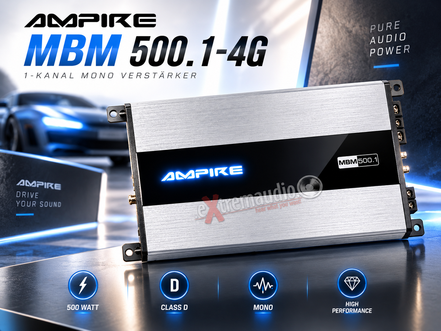 AMPIRE MBM500.1-4G 1-Kanal Mono Endstufe Verstärker 500 Watt RMS, Class D