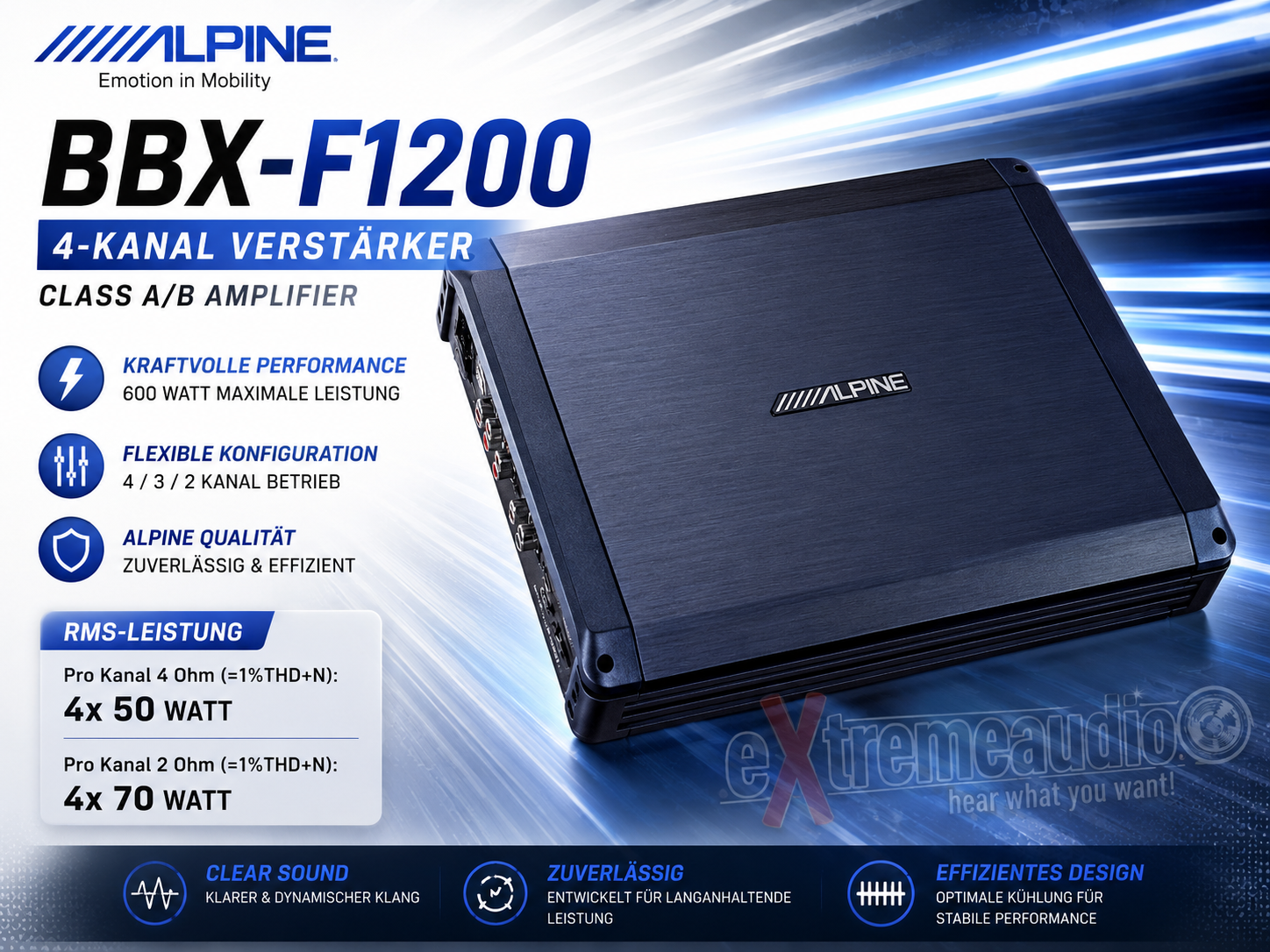 Alpine BBX-F1200 4-Kanal Verstärker Class A/B 600 Watt, 4/3/2 Kanal Amplifier