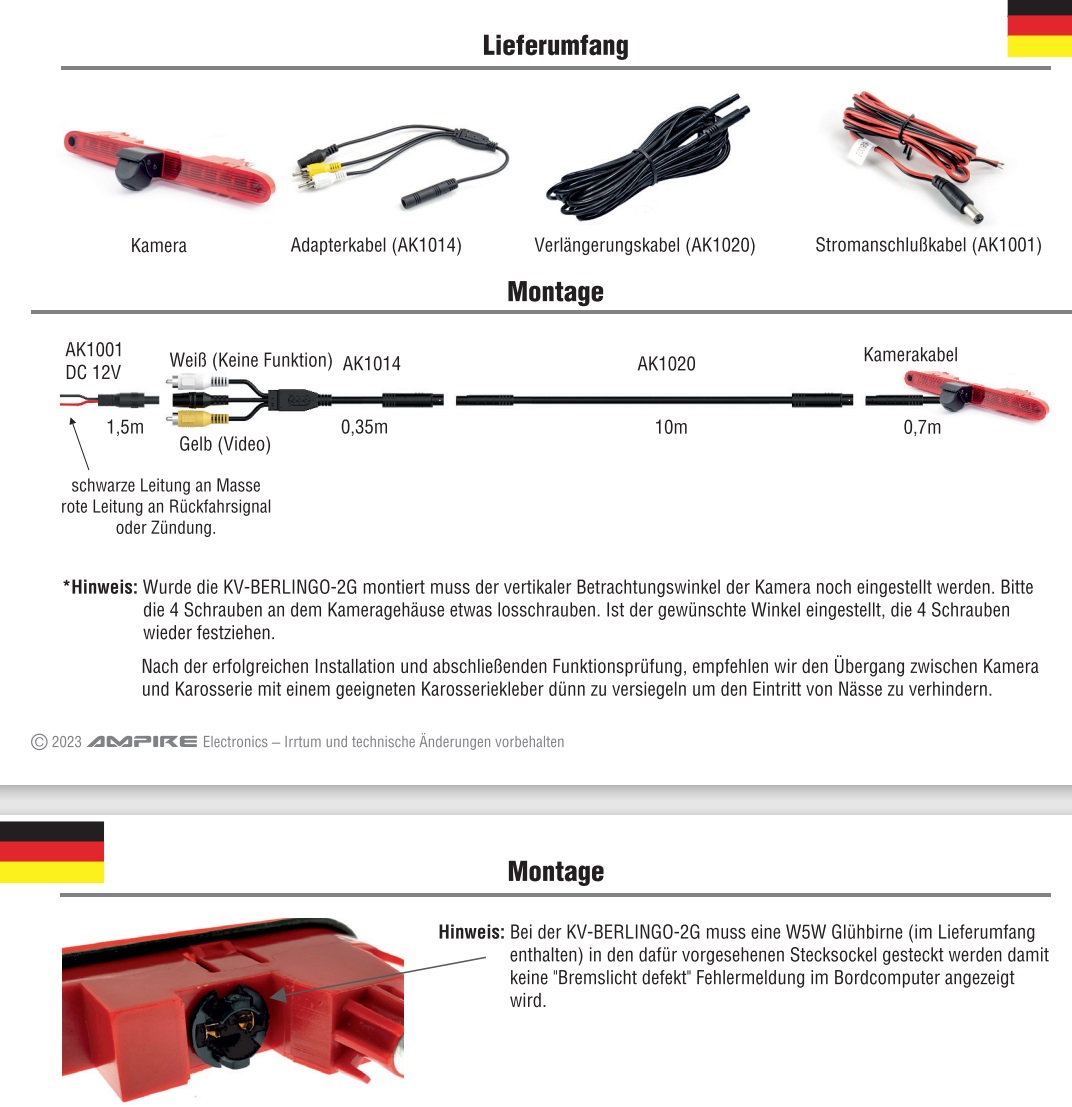 AMPIRE KVX-BERLINGO Kamera (CVBS), Einparkkamera Rückfahrkamera Citroen Berlingo 3, Peugeot Rifter, Opel Combo E, Fiat Doblo 3 (K9), Toyota Proace City   