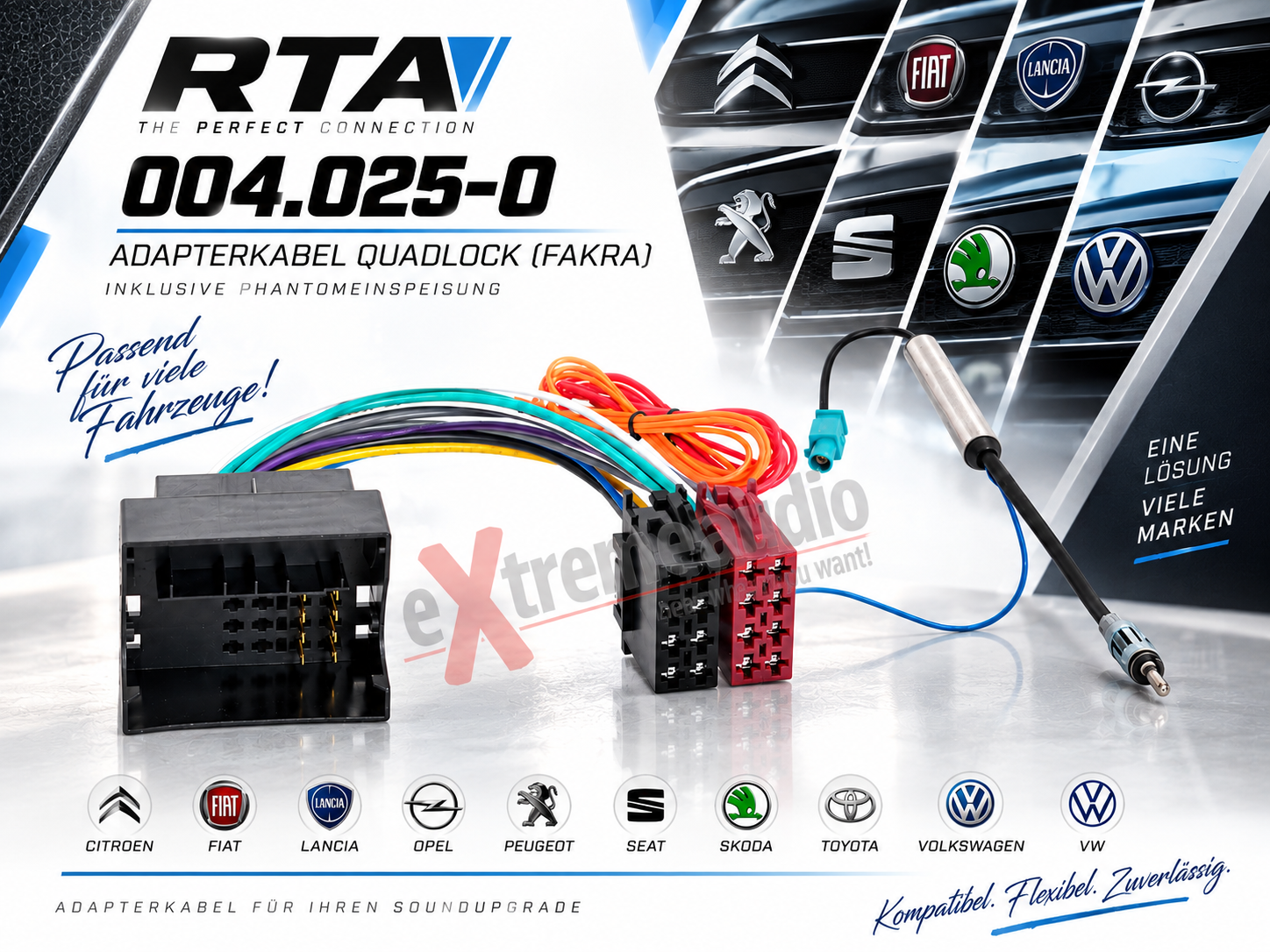 RTA 004.025-0 Adapterkabel Quadlock (Fakra) universal inklusive Phantomeinspeisung kompatibel mit Citroen, Fiat, Lancia, Opel, Peugeot, Seat, Skoda, Toyota, Volkswagen, VW