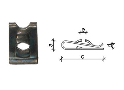 RTA 420.707-2 4.2 x 11 x 16mm sheet metal nut, a = 4 mm, d = 2 mm, e = 3 mm, c = 17mm