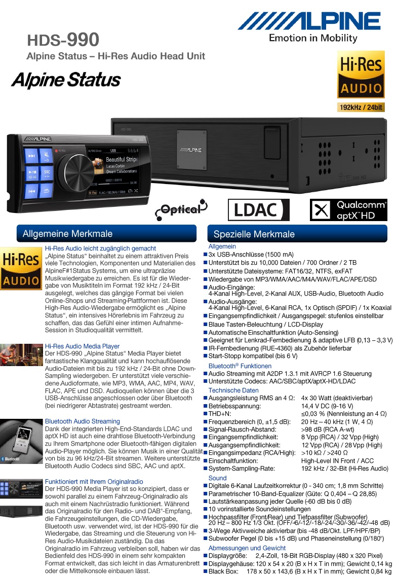 Alpine HDS-990 Alpine Status Hi-Res Audio Media Player
