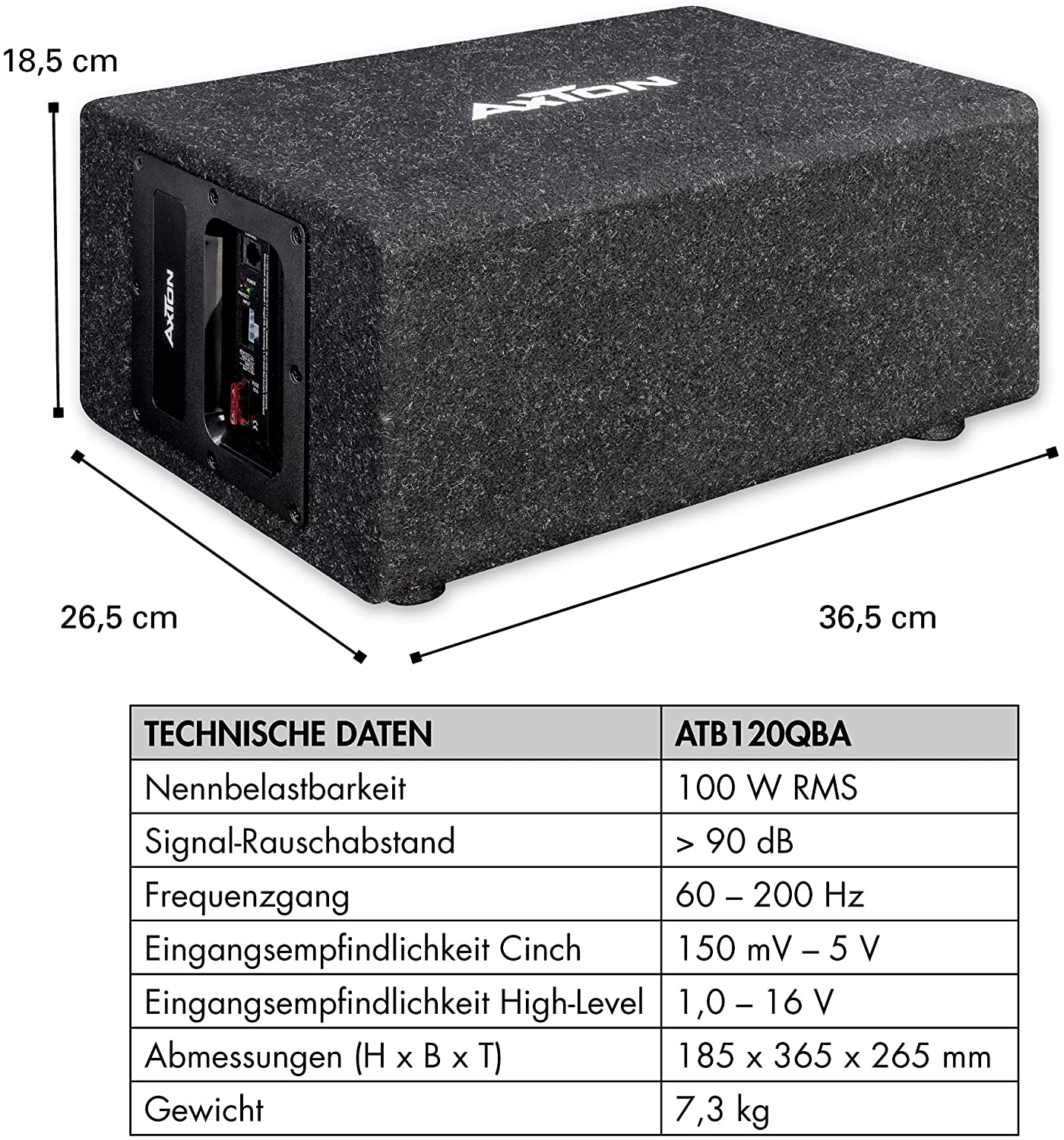 AXTON ATB120QBA CUBE Bassreflex-Aktivsubwoofer aktive Bassreflex Bassbox für Auto, LKW, Reisemobil