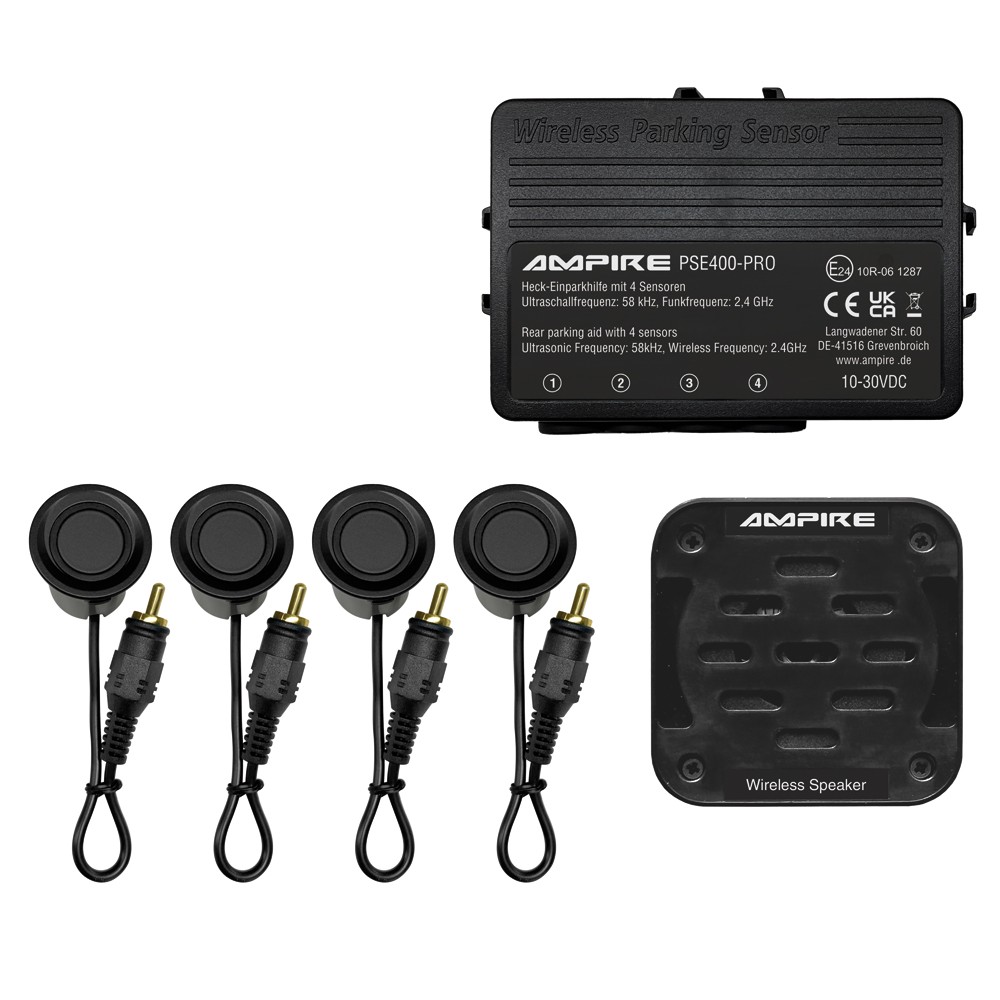 Ampire PSE400-PRO Einparkhilfe für Heck-Stossfänger, Schwarz matt, Einbau- und Aufbau-Montage, Wasserdicht