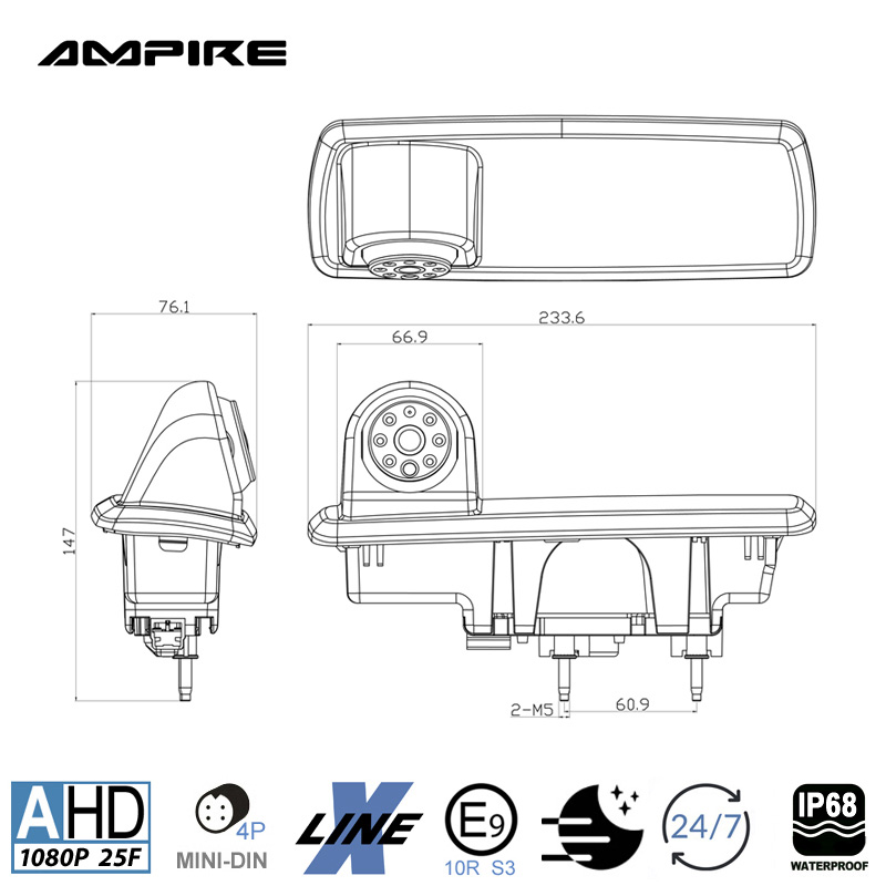 AMPIRE KVA-VIVARO Kamera Einparkkamera Rückfahrkamera (AHD) für Opel Vivaro B, Renault Trafic, Nissan NV300, Nissan Primastar, Fiat Talento