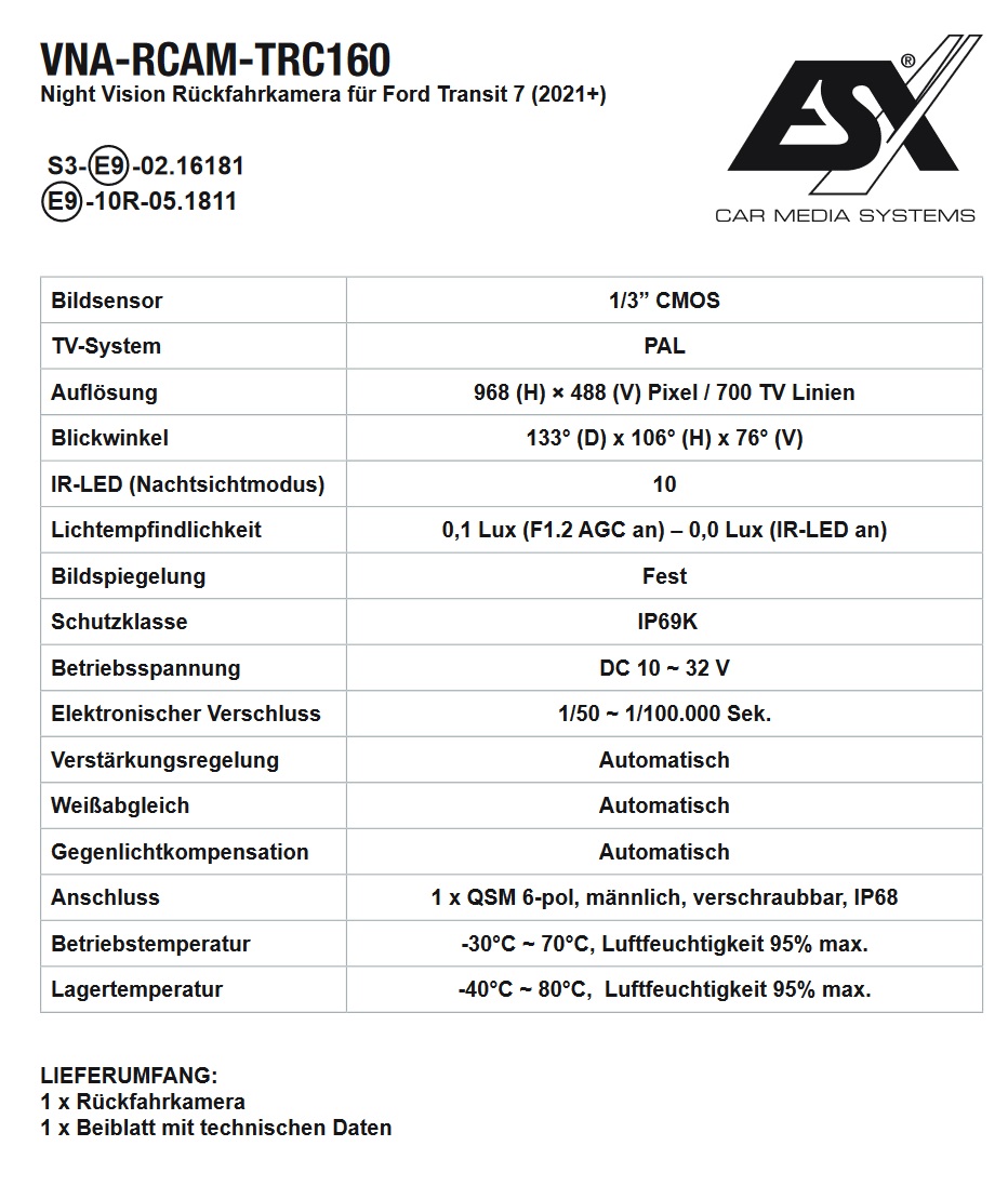 ESX VNA-RCAM-TRC160-15 Night Vision Rückfahrkamera kompatibel mit Ford Transit Kastenwagen ab 2021 mit 15 Meter Verlängerungskabel