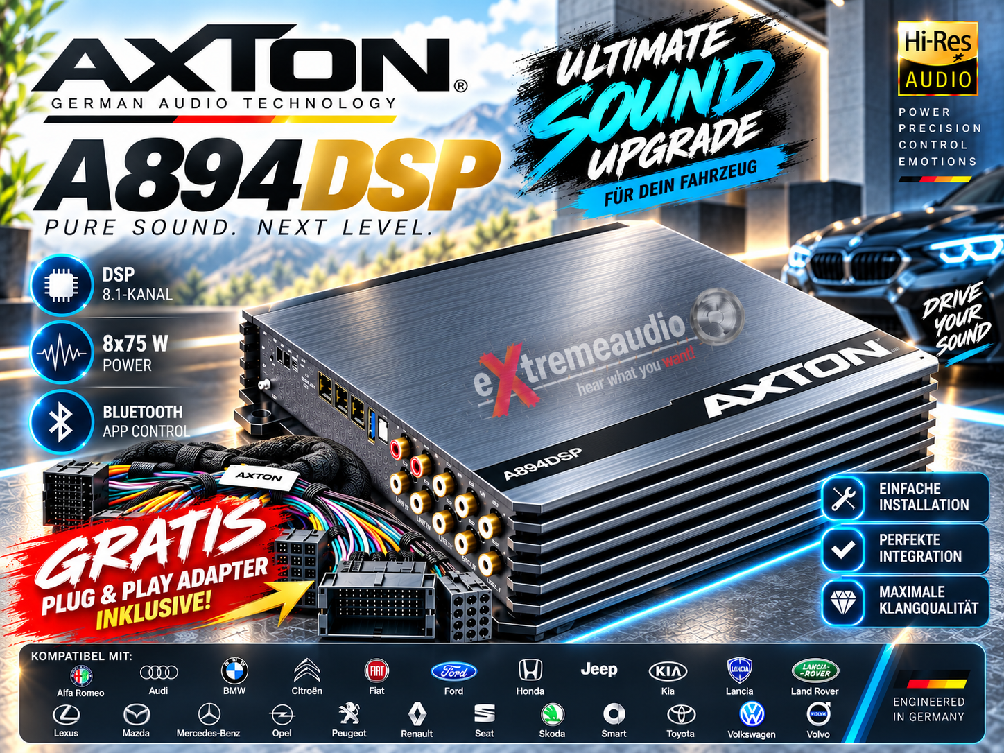 AXTON A894DSP 8.1-CH DSP Set Verstärker DSP mit kostenlosem Plug & Play Adapter Unser Sortiment von Plug & Play Kabeln umfasst über 400 Fahrzeuge und über 30 Automarken
