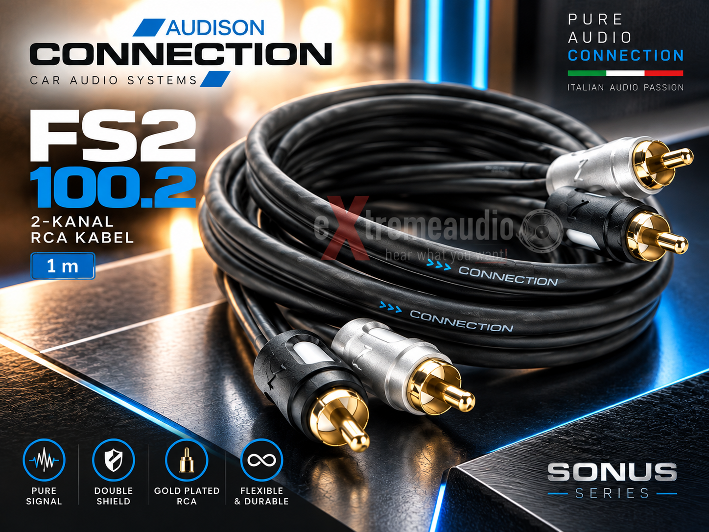 Connection Audison FS2 100.2 2-Kanal Hochwertiges Cinchkabel 1 m RCA Cinch