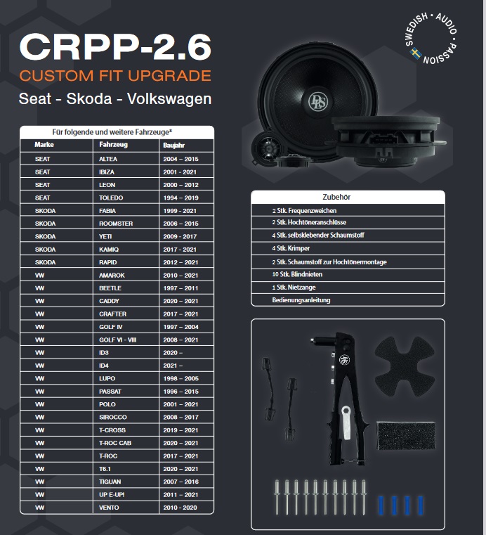 DLS CRPP-2.6 Lautsprecher 16,5 cm (6.5") 2-Wege Kompo System kompatibel mit Seat, Skoda, VW