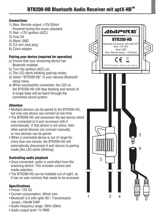 Ampire BTR200-HD Premium Bluetooth Receiver, 3.5mm Klinke/Cinch, 12 Volt, aptHD, aptX Bluetooth Audio Interface Adapter für viele Fahrzeuge
