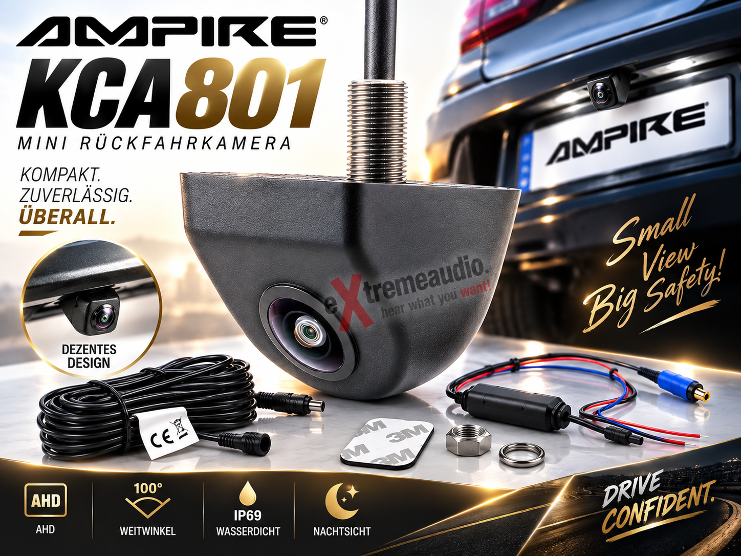 AMPIRE KCA801 Mini Rückfahrkamera (AHD), 100° Miniatur Einparkkamera Weitwinkel Unterbaukamera  für Auto, Bus, Wohnmobil, LKW oder Anhänger