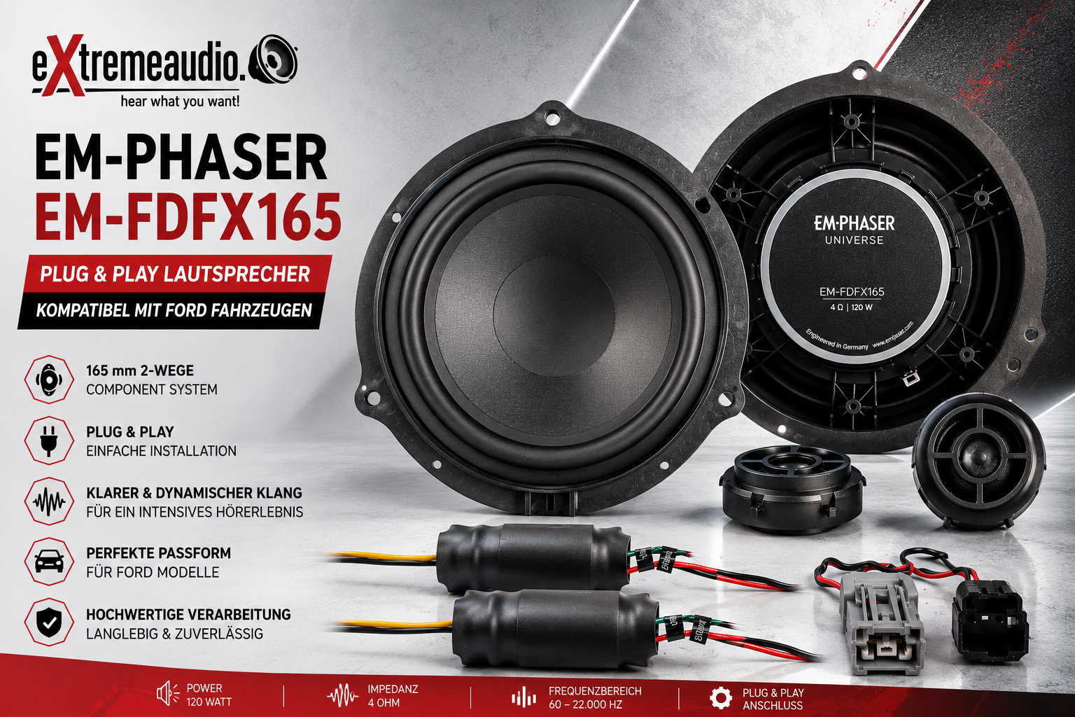 Emphaser EM-FDFX165 Plug & Play Auto Lautsprecher Ford C-Max, Ford EcoSport, Ford Edge, Ford Fiesta, Ford Fiesta, Ford Focus, Ford Focus, Ford Ka, Ford Kuga, Ford Mondeo, Ford Ranger, Ford Tourneo Connect, Ford Tourneo Custom, Ford Transit, usw