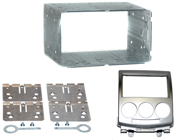 RTA 002.372-0 Double DIN mounting frame with ABS silver metal frame, various radio mounts