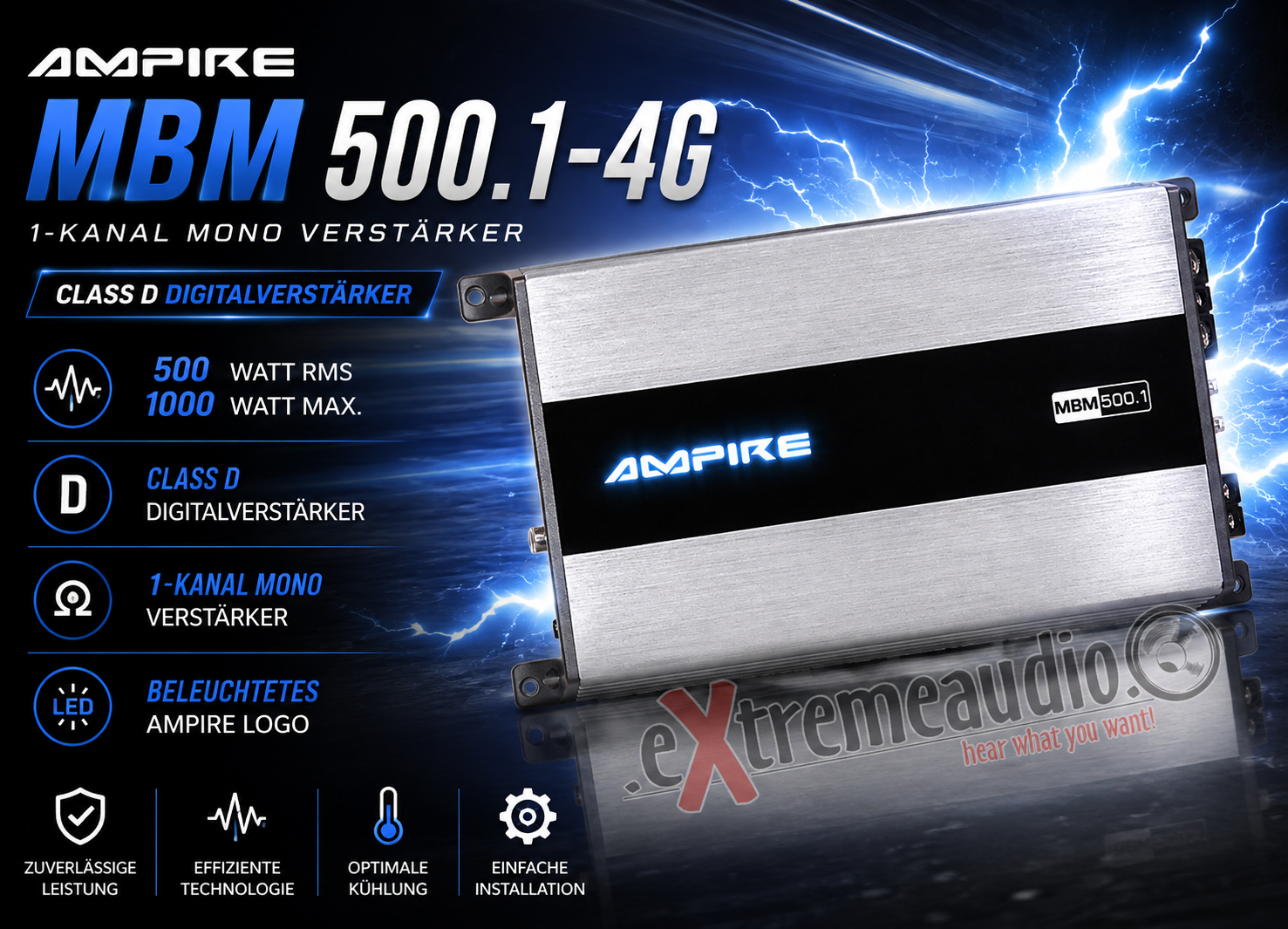 AMPIRE MBM500.1-4G 1-Kanal Mono Endstufe Verstärker 500 Watt RMS, Class D