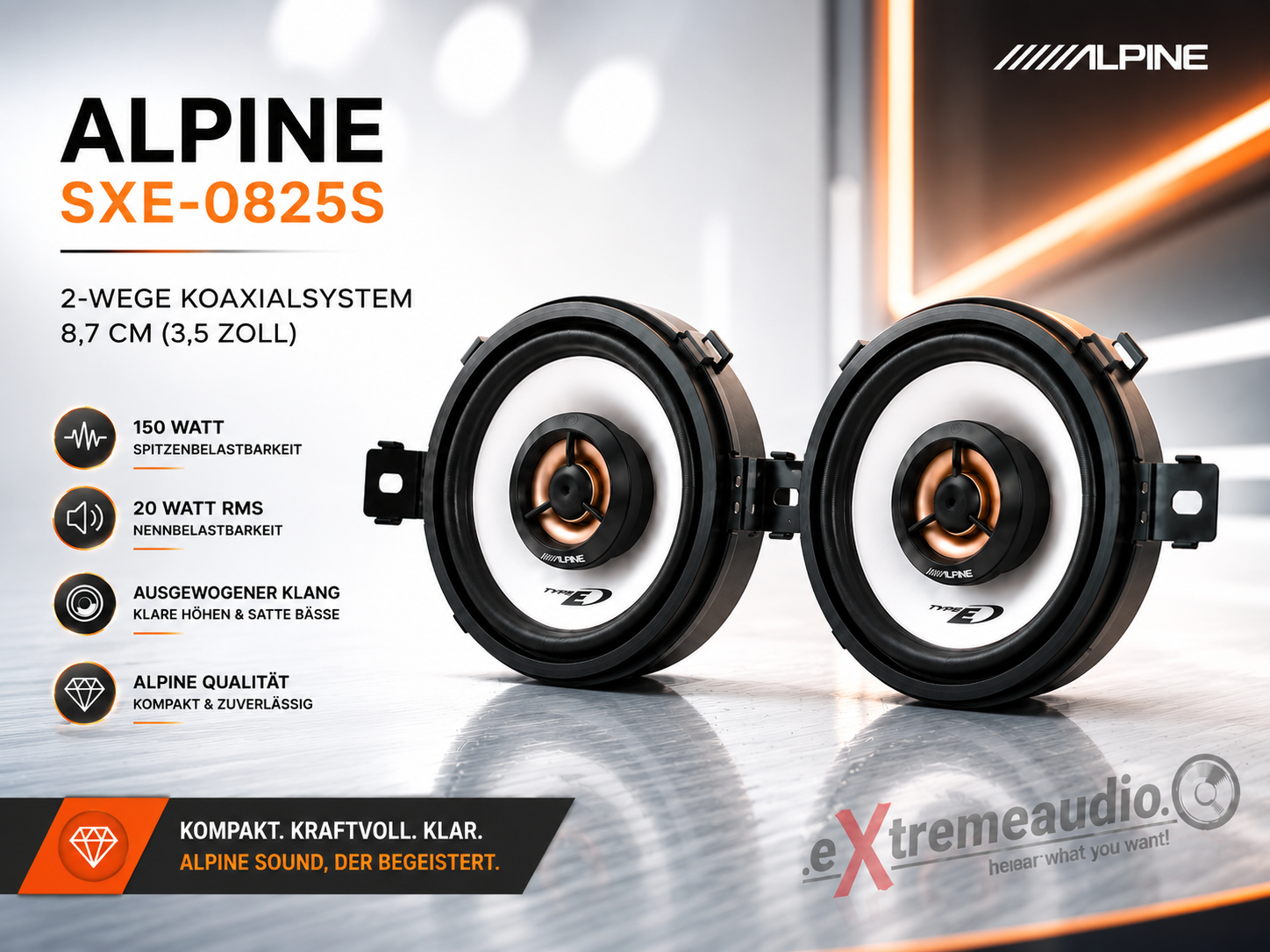 Alpine SXE-0825S 8,7 cm (3,5- Zoll) 2-Wege Koaxiallautsprecher 1 Paar Lautsprecher 150 Watt
