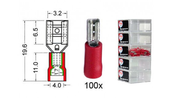 RTA 151.201-2 Flachsteckhülse isoliert VINYL Doppelcrimp, 2,8 mm ROT im 100er Pack