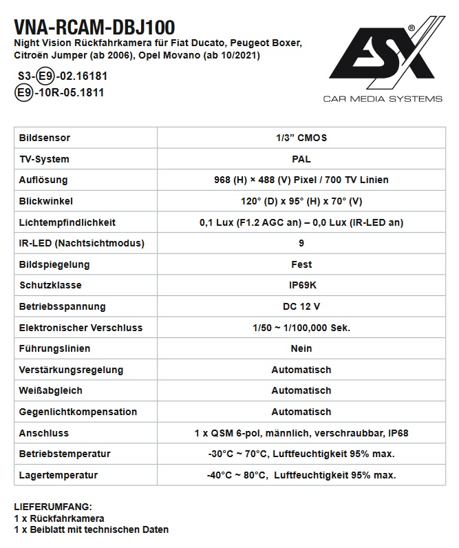 ESX VNA-RCAM-DBJ100 Night Vision Rückfahrkamera für Fiat Ducato Plattform kompatibel mit Fiat Ducato, Peugeot Boxer, Citroen Jumper (ab 2006) und Opel Movano (ab 10/2021)