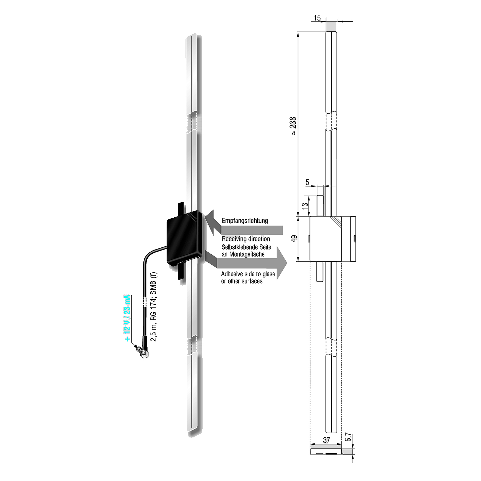 Bad Blankenburg ATTB 4570.01 Glasklebeantenne Aktive DAB+ Glasklebe Innenantenne