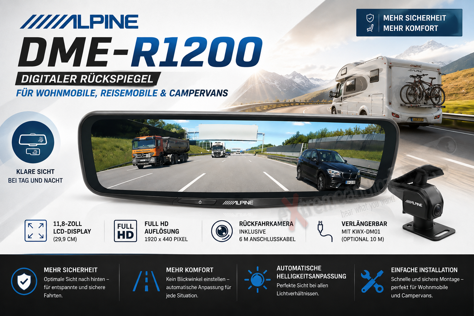 Alpine DME-R1200 Digitaler Rückspiegel für Wohnmobile, Reisemobile und Campervans