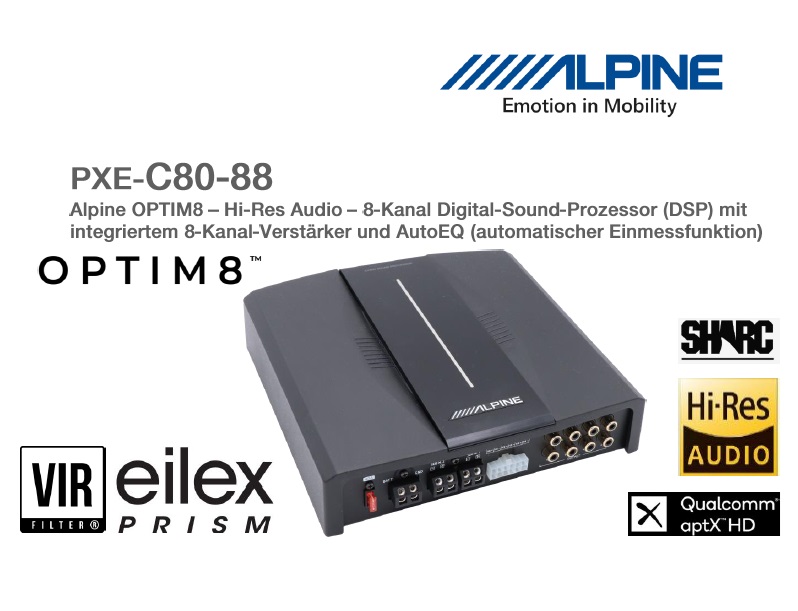 Alpine PXE-C80-88 OPTIM8 Hi-Res 8-Kanal-Soundprozessor Verstärker mit digitalem Signalprozessor DSP, geführtes automatisches Soundtuning kompatibel mit iPhone App oder PC   