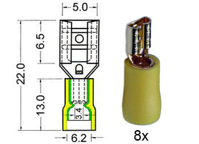 RTA 152.207-0 Flachsteckhülsen isoliert und vergoldet 4,8mm, gelb 8 Stück im Blister